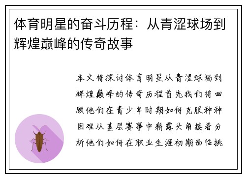 体育明星的奋斗历程：从青涩球场到辉煌巅峰的传奇故事